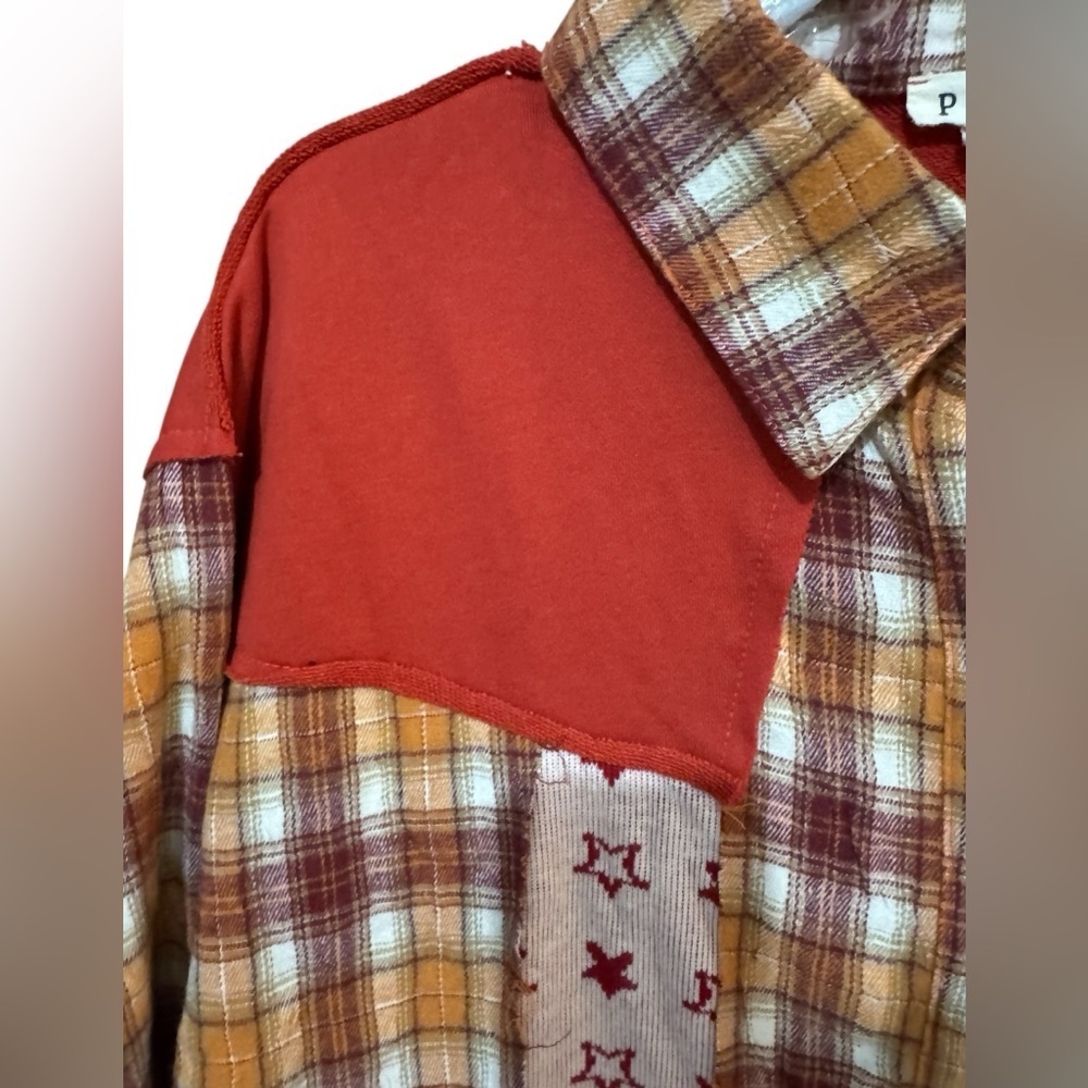 POL "North Star" Plaid & Star Patchwork Contrast Shacket Jacket L NWOT - Picture 2 of 5